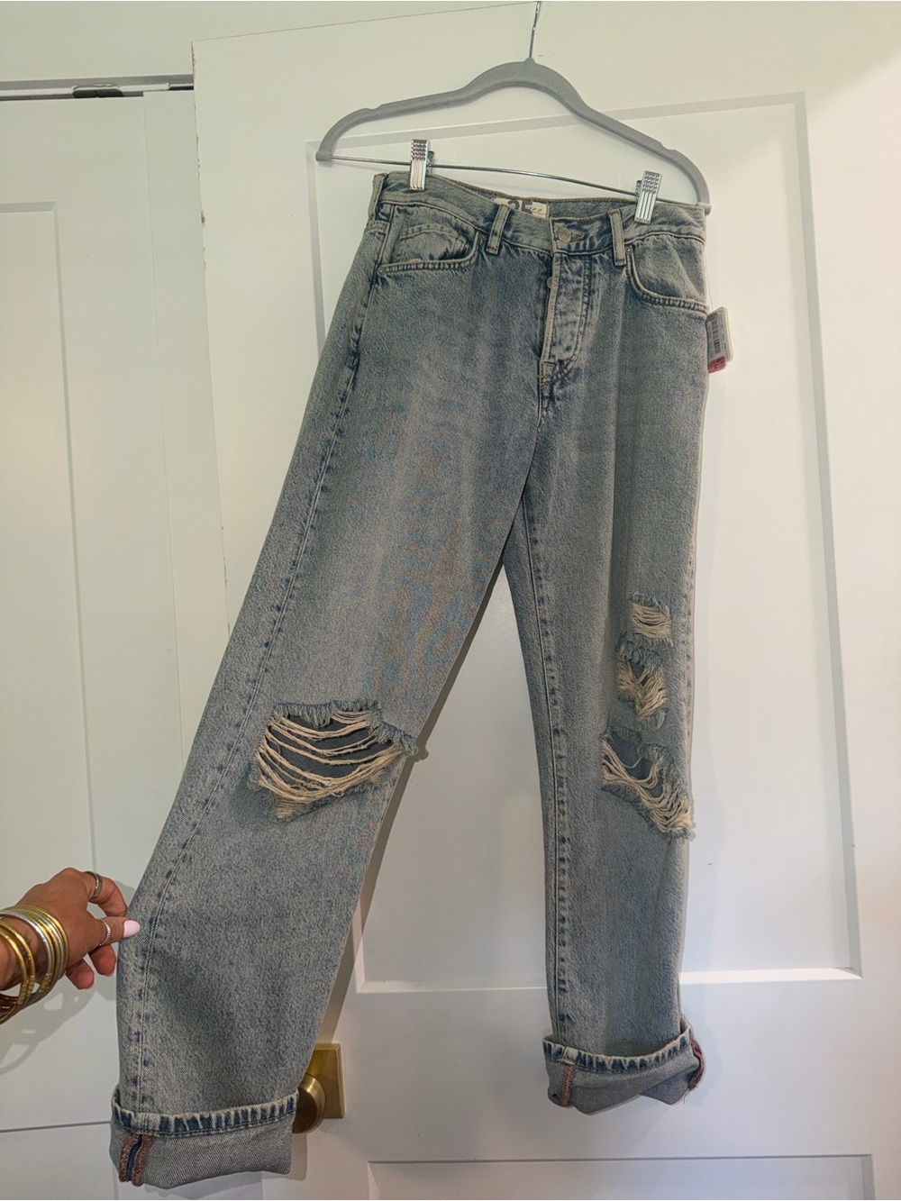 Free People Distressed Boyfriend Jeans — Light Gray Wash